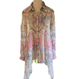 Ivy Jane sz M sheer patterned long sleeve button down tunic top